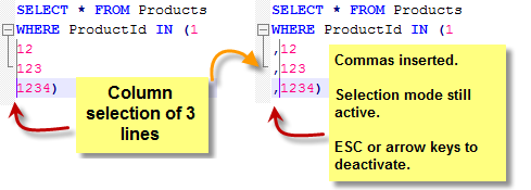 Column selection and result of inserting commas