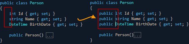Column selection to add access modifiers to class properties